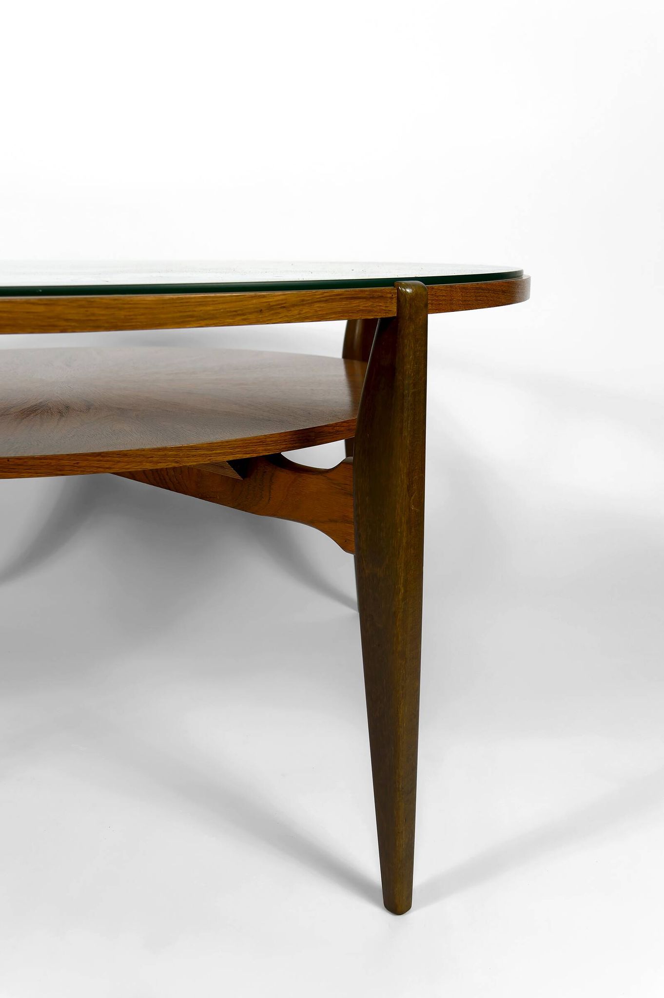 Important modern Scandinavian style coffee table, walnut / glass – c. 1960