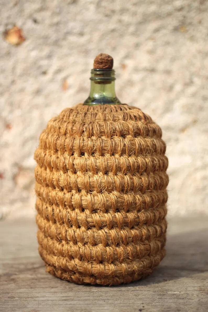 Lady Jeanne bottle, green glass bottle dressed in straw and wicker weaving, jar, vintage decor.