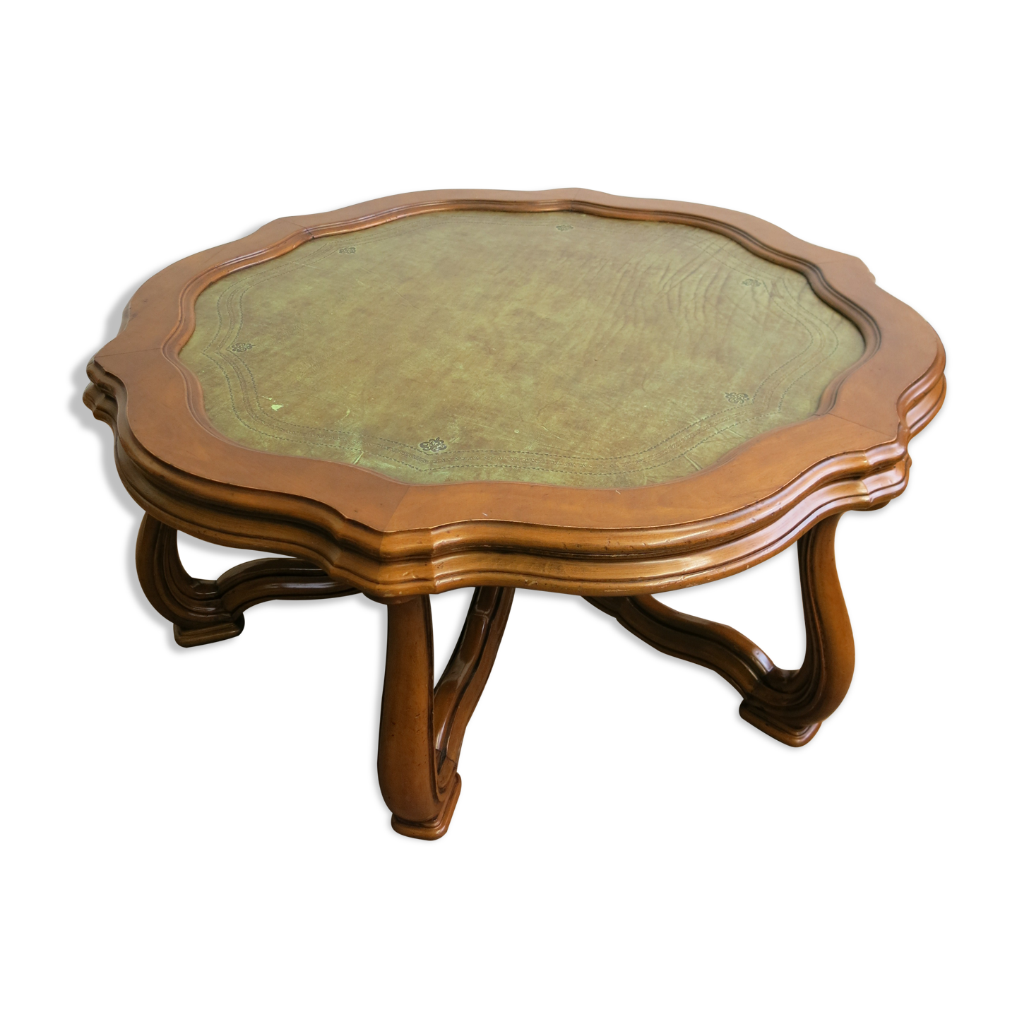 Table basse English Regency en acajou sculpté et cuir olive