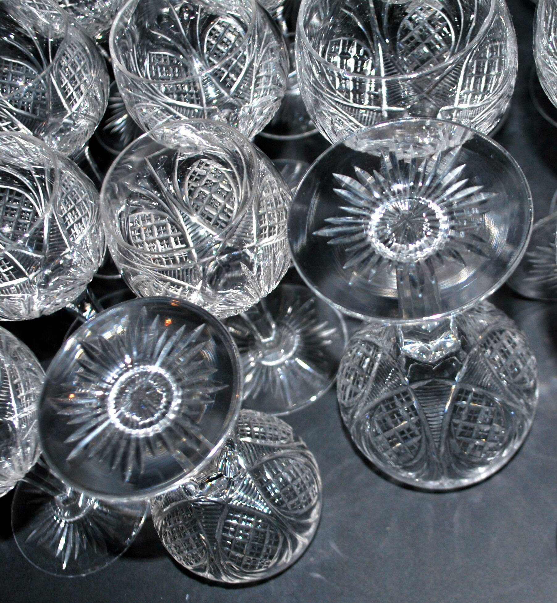 Baccarat set of 35 crystal glasses + 2 flower model carafes 9157 from 1907