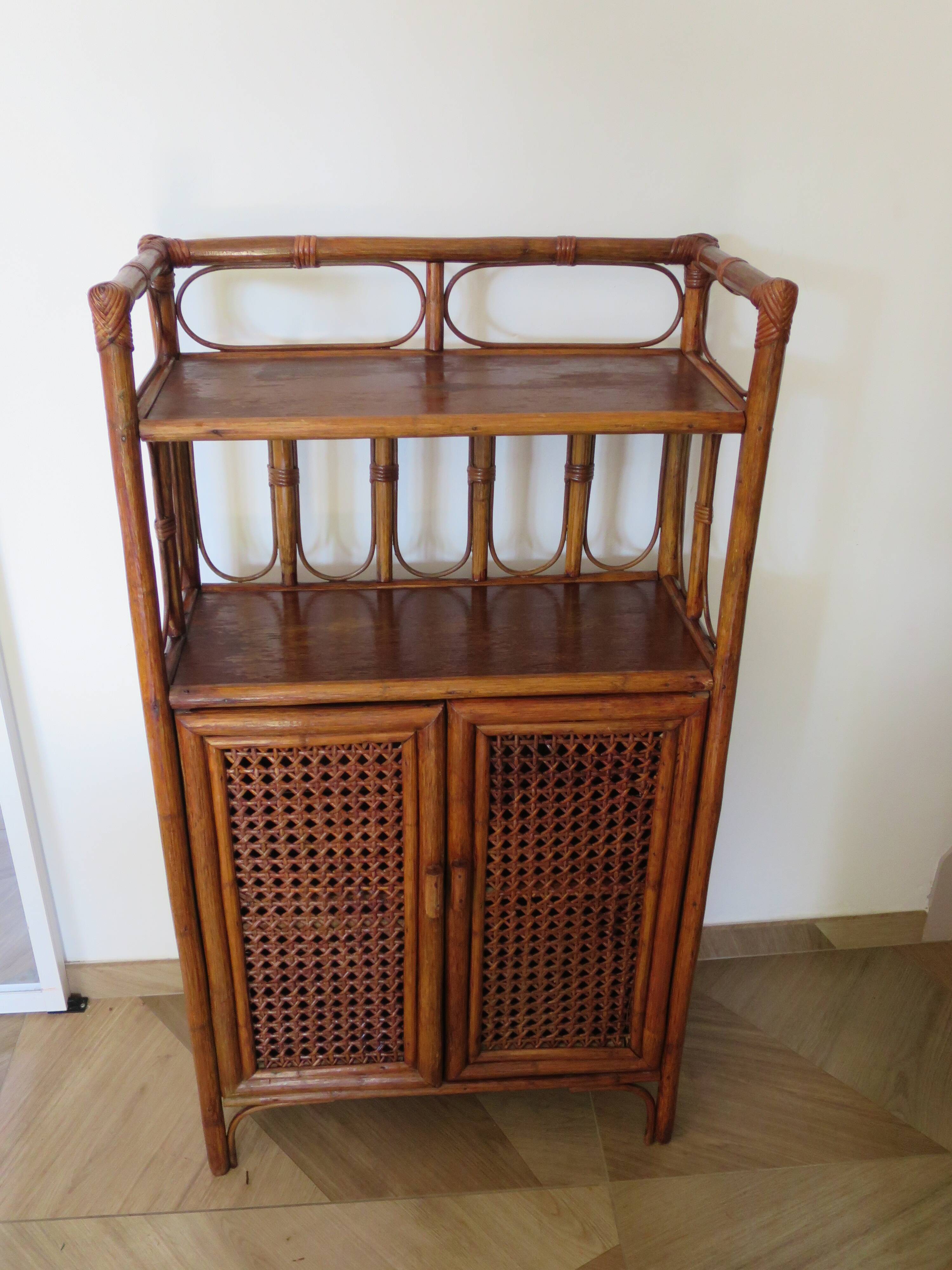 Retro-modernist - Sideboard-bookcase-2 doors-wood-rattan-cane-1960s
