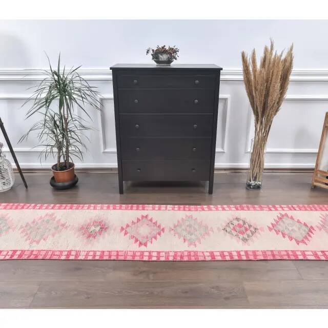Pink Vintage Turkish Hand-Knotted Tribal Runner 74x391