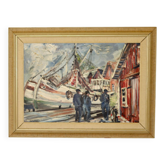 Swedish Mid-Century Oil On Canvas Painting" Harbour" By Alf Johanson (1905–1991)-Vintage & Framed