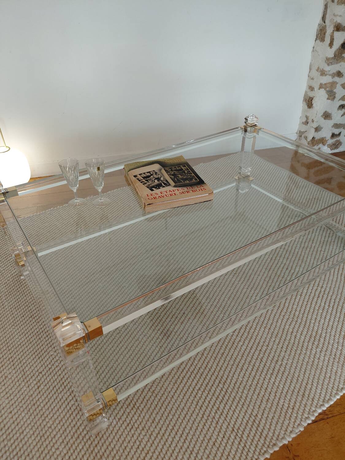Table XL Laiton massif et Plexiglas-Style Jansen 1970
