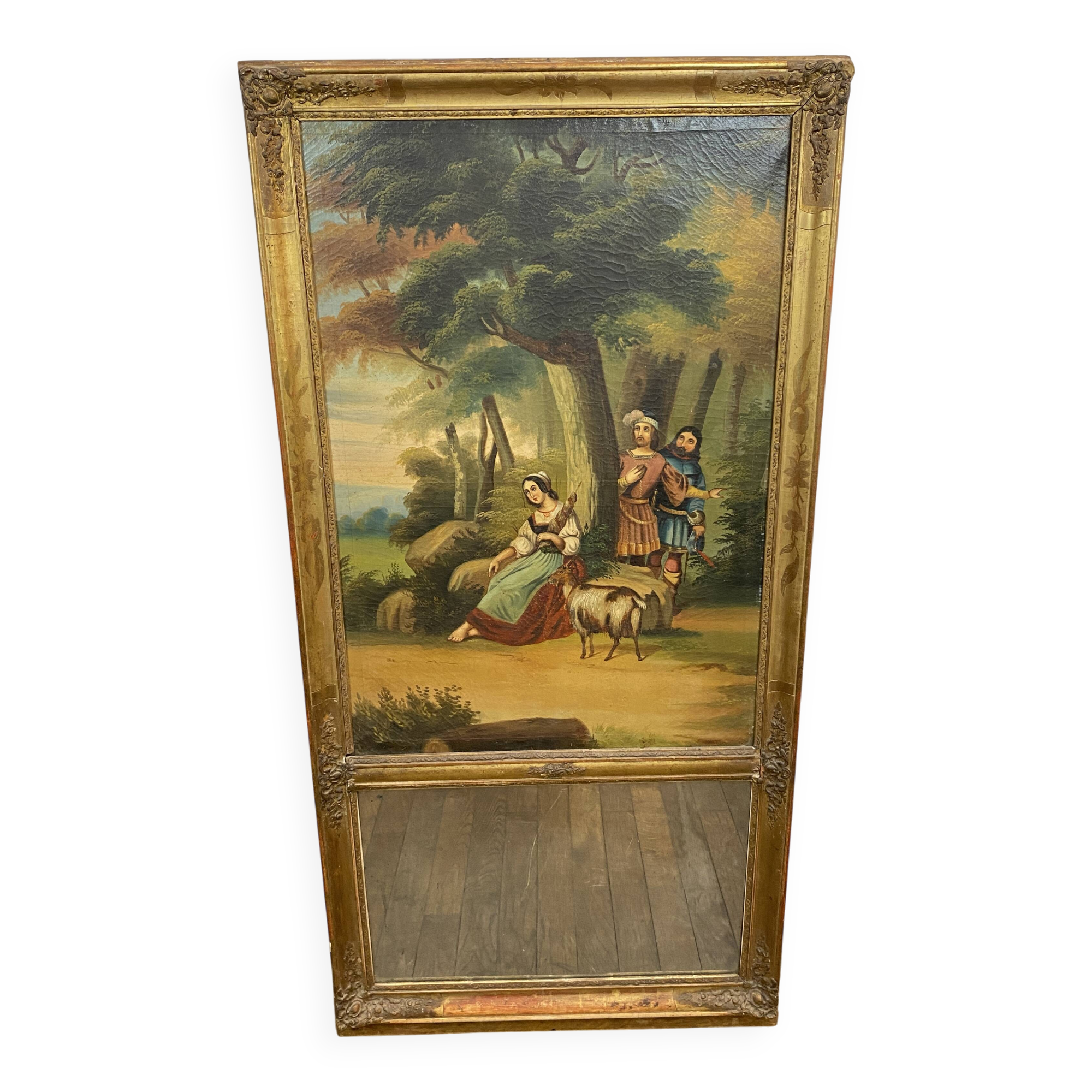 19th century gilded wooden trumeau with romantic scene - 69cm x 140cm