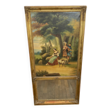 19th century gilded wooden trumeau with romantic scene - 69cm x 140cm