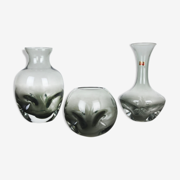 Set of 3 cubic hand blown crystal glass vase by Friedrich Kristall Germany 1970s