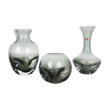 Set of 3 cubic hand blown crystal glass vase by Friedrich Kristall Germany 1970s