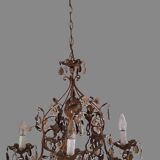 Lustre italien antique à 5 bras, roses en céramique et gouttes de cristal *ROMANCE*