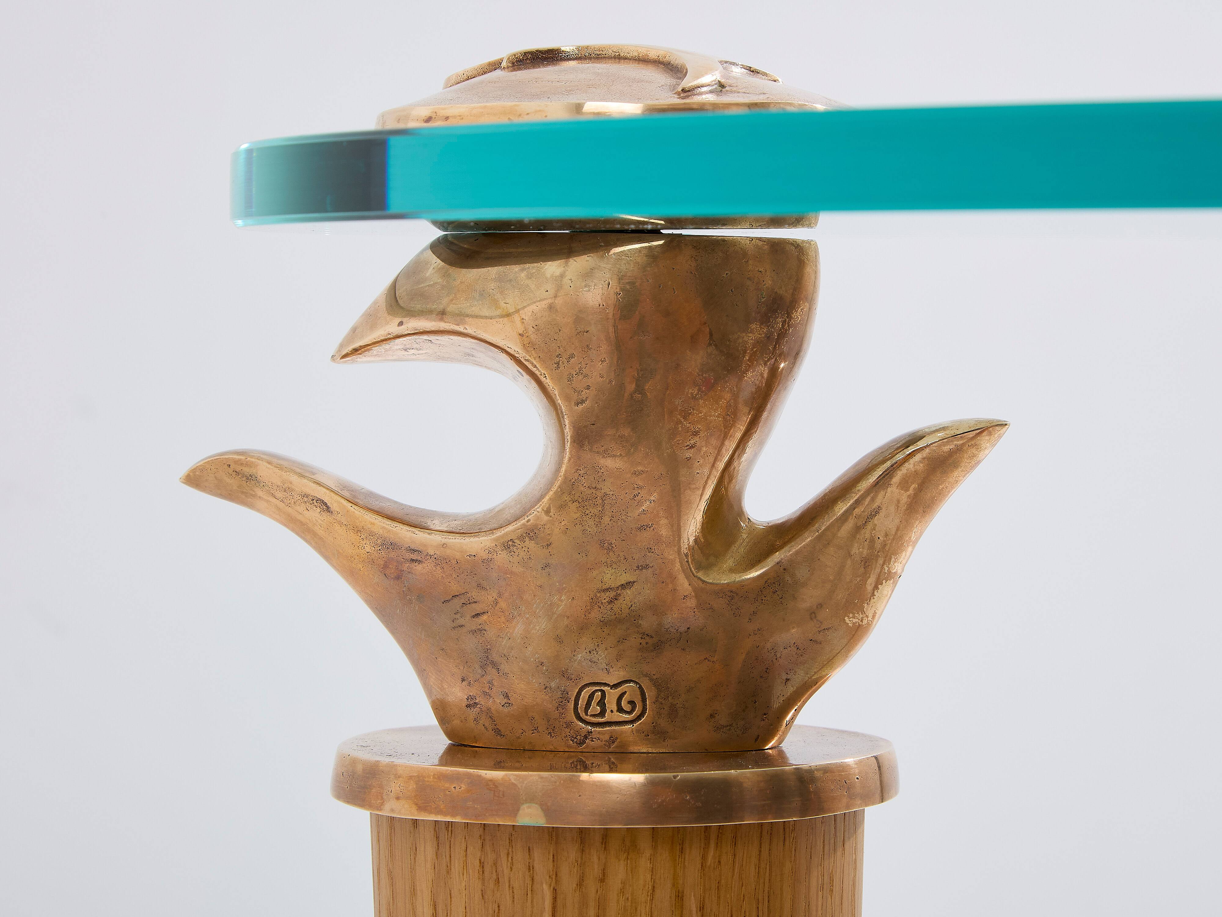 Console chêne massif et bronze verre signée Garouste & Bonetti 1995