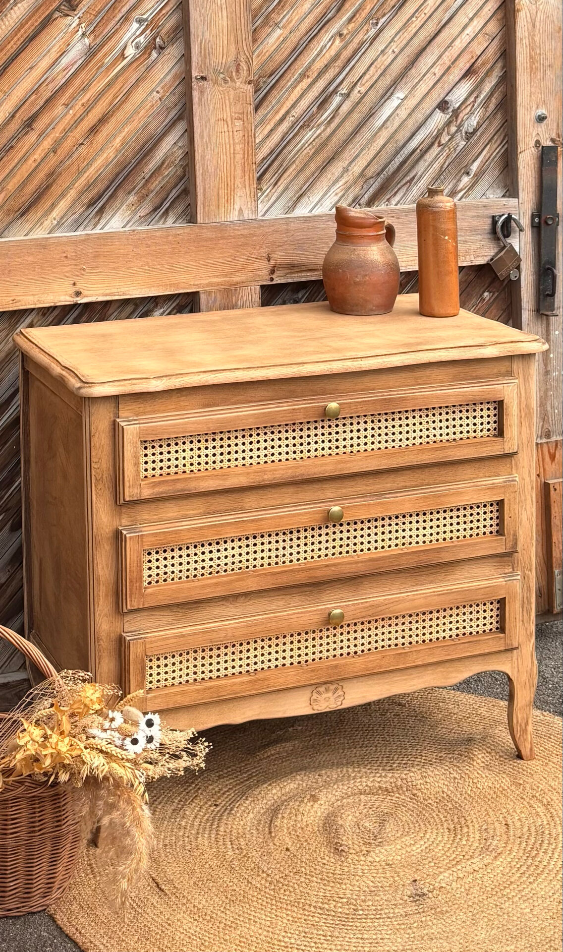 Antique oak commode with cane work - 3 drawers