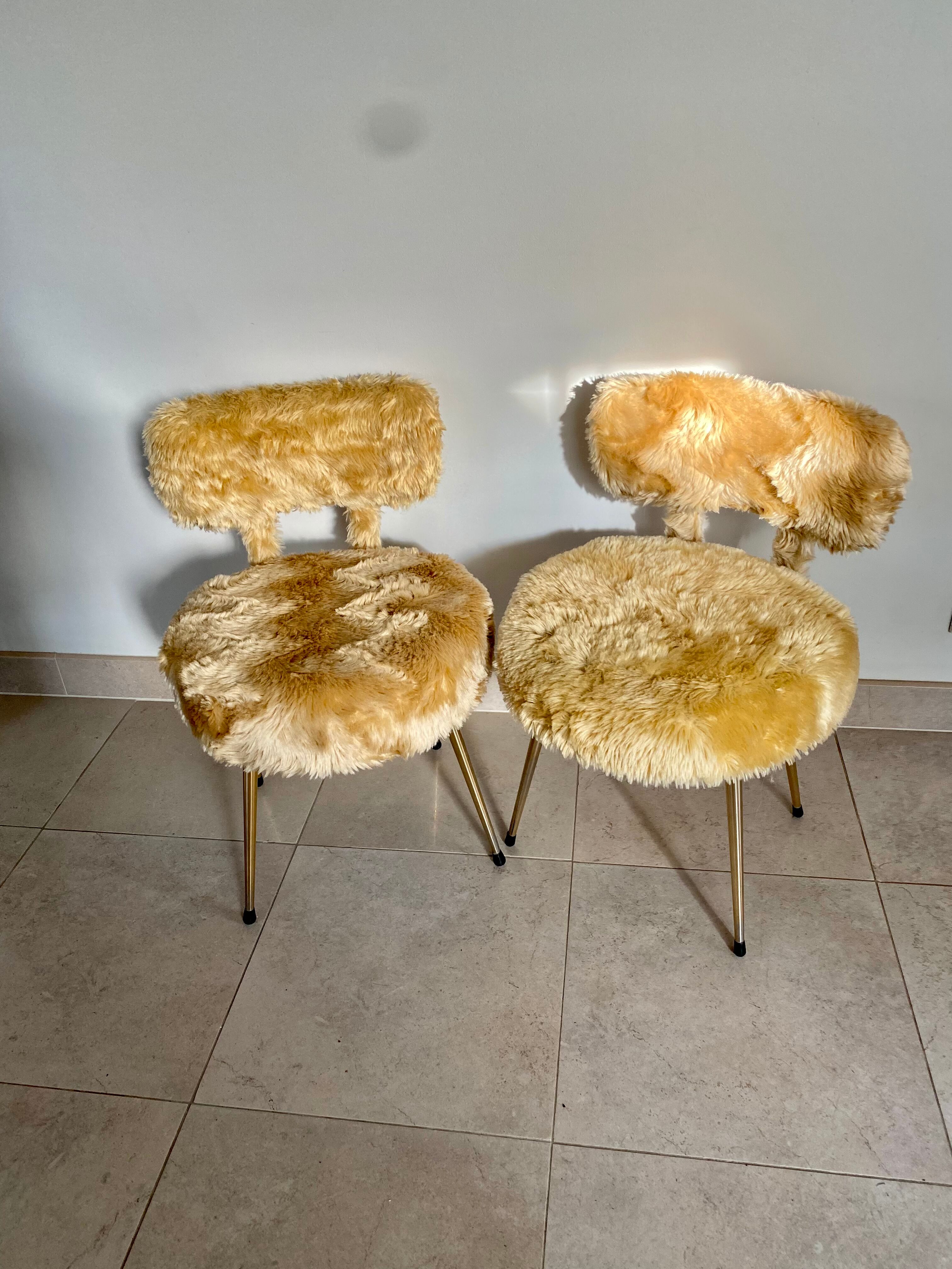 2 Pelfran chairs, moumoute chairs, golden compass legs, vintage from the 60s.