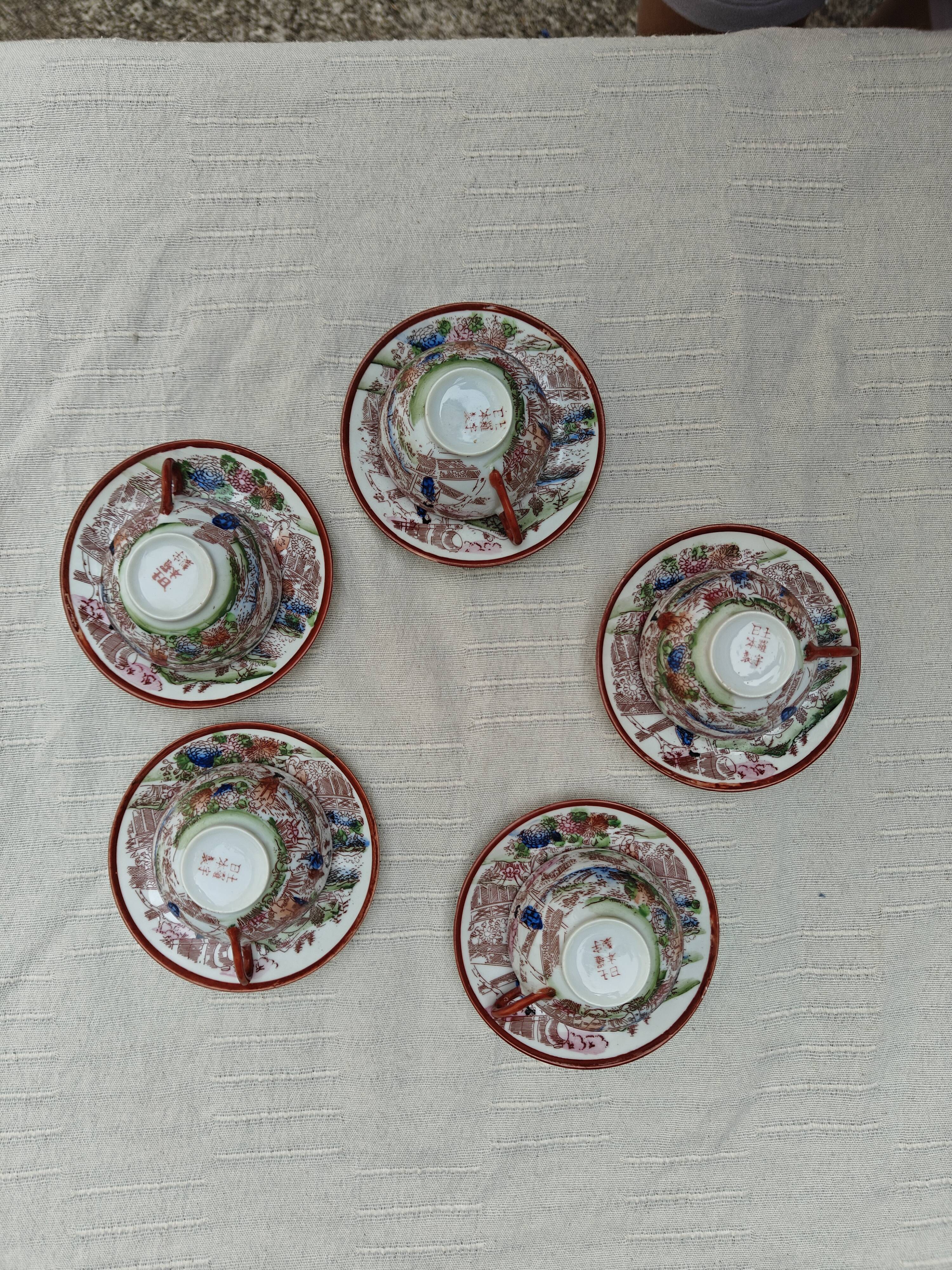 Vintage Japanese tea/coffee service, egg shell porcelain & enamels for 5 people.