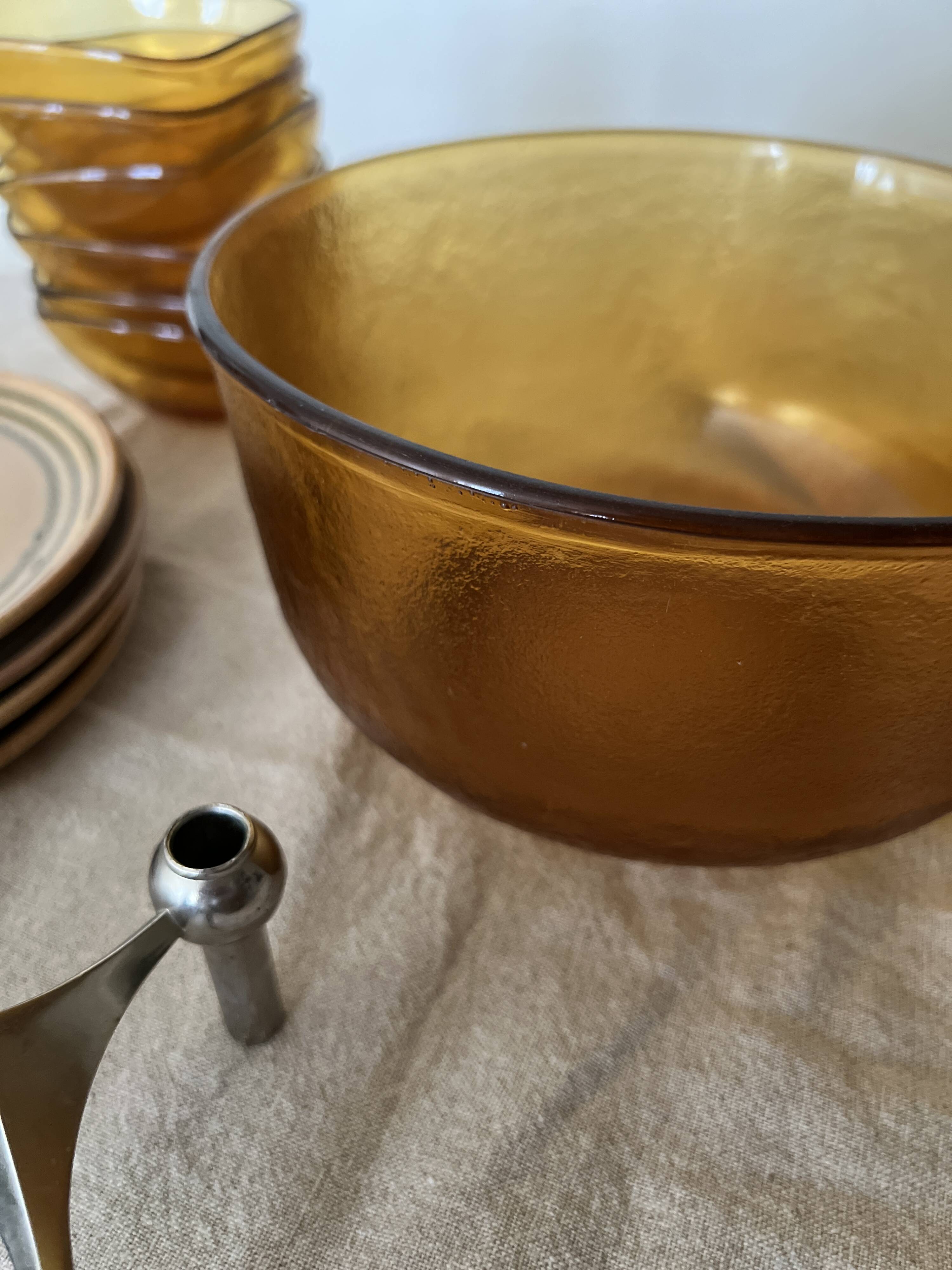 large vintage salad bowl in smoked and amber glass, France 1970