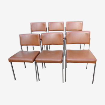 6 chaises skaï marron et pied chromé conférence