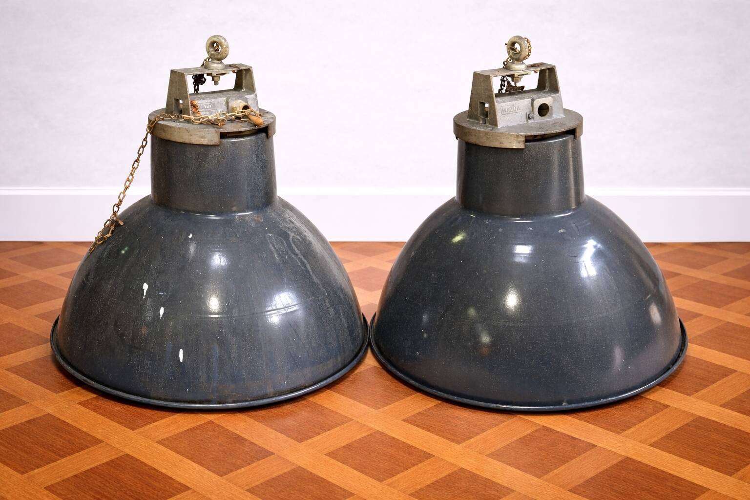 Pair of industrial Mazda pendant lights in enamelled sheet metal – Ø 52 cm