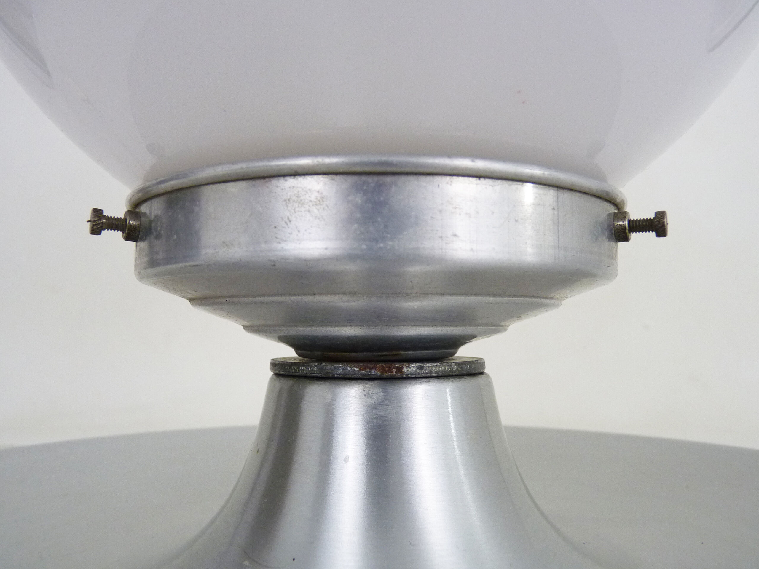 Brushed metal bedside lamp and white opaline globe, year 70