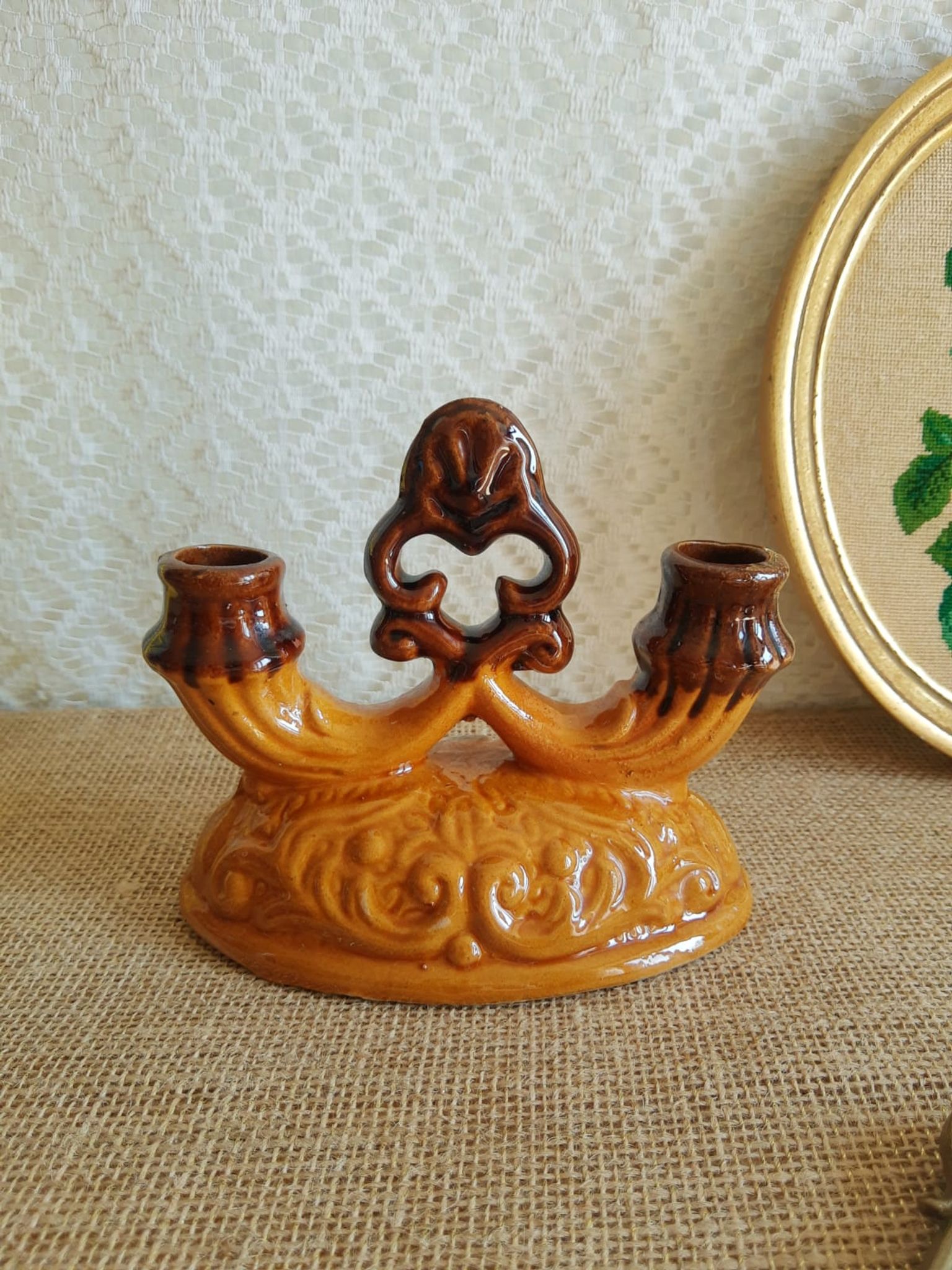 Paire de bougeoirs double barbotine - vintage