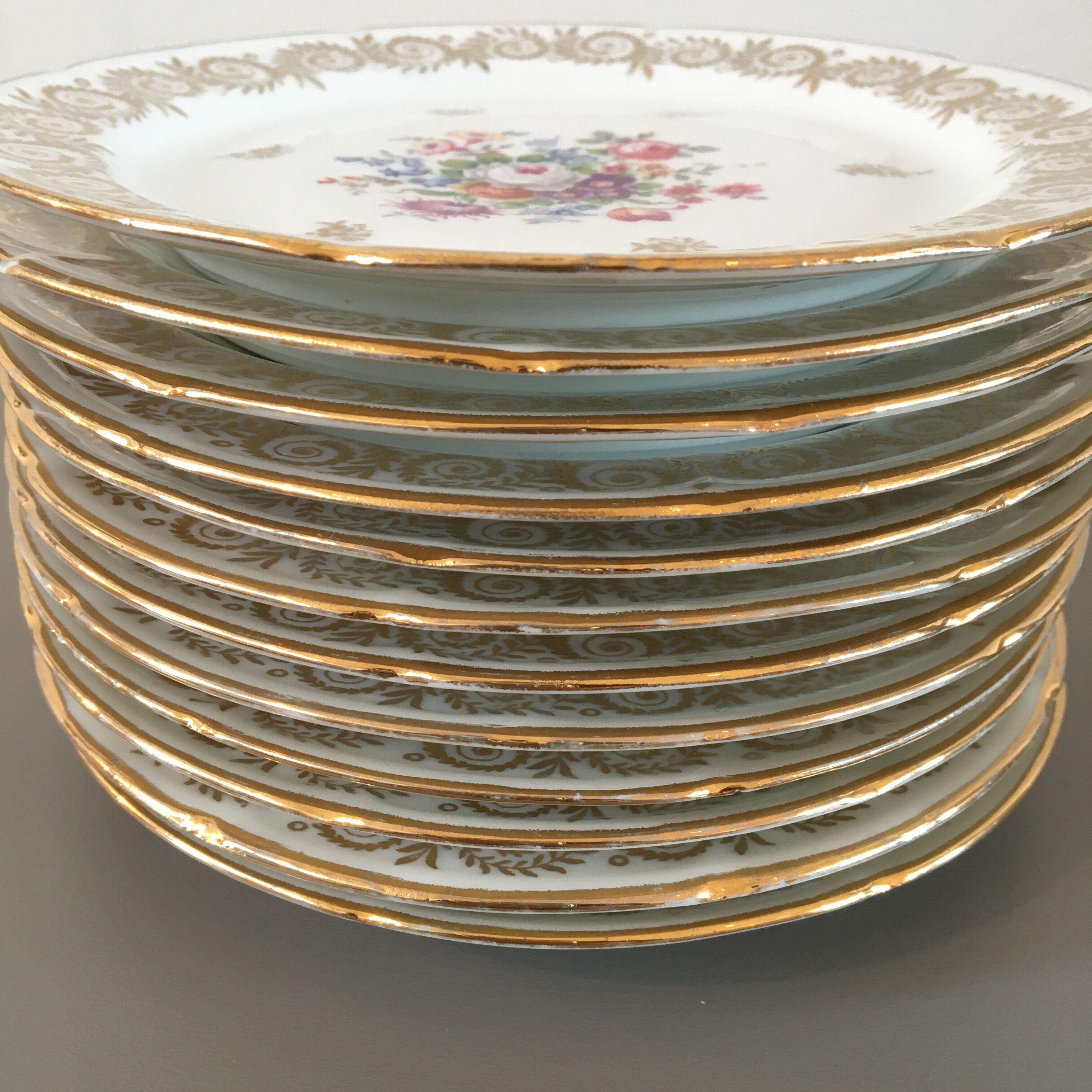 Set 12 plates dessert porcelain flowers and gilding
