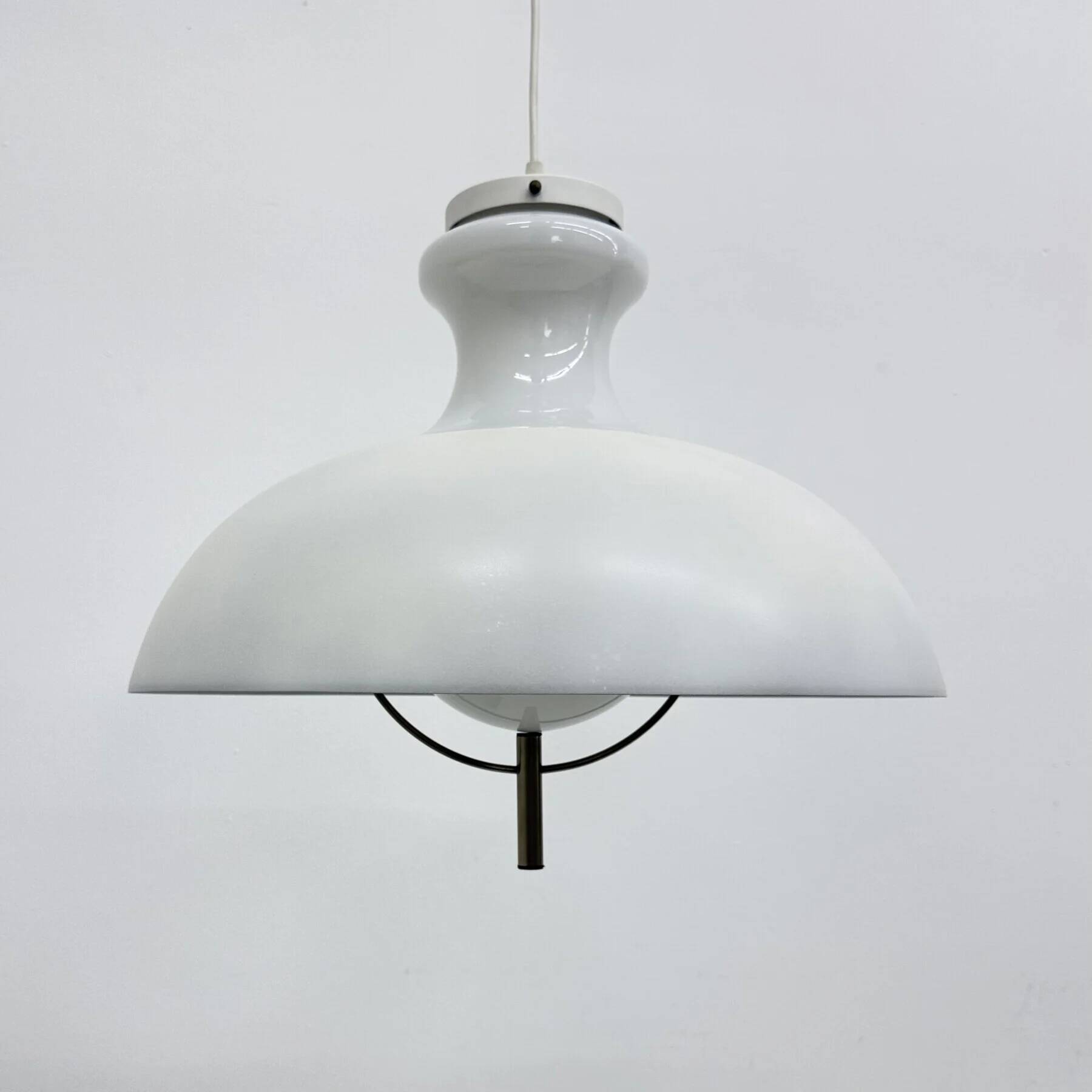 Vintage glass hanging lamp with metal shade minimalist design, 1970s