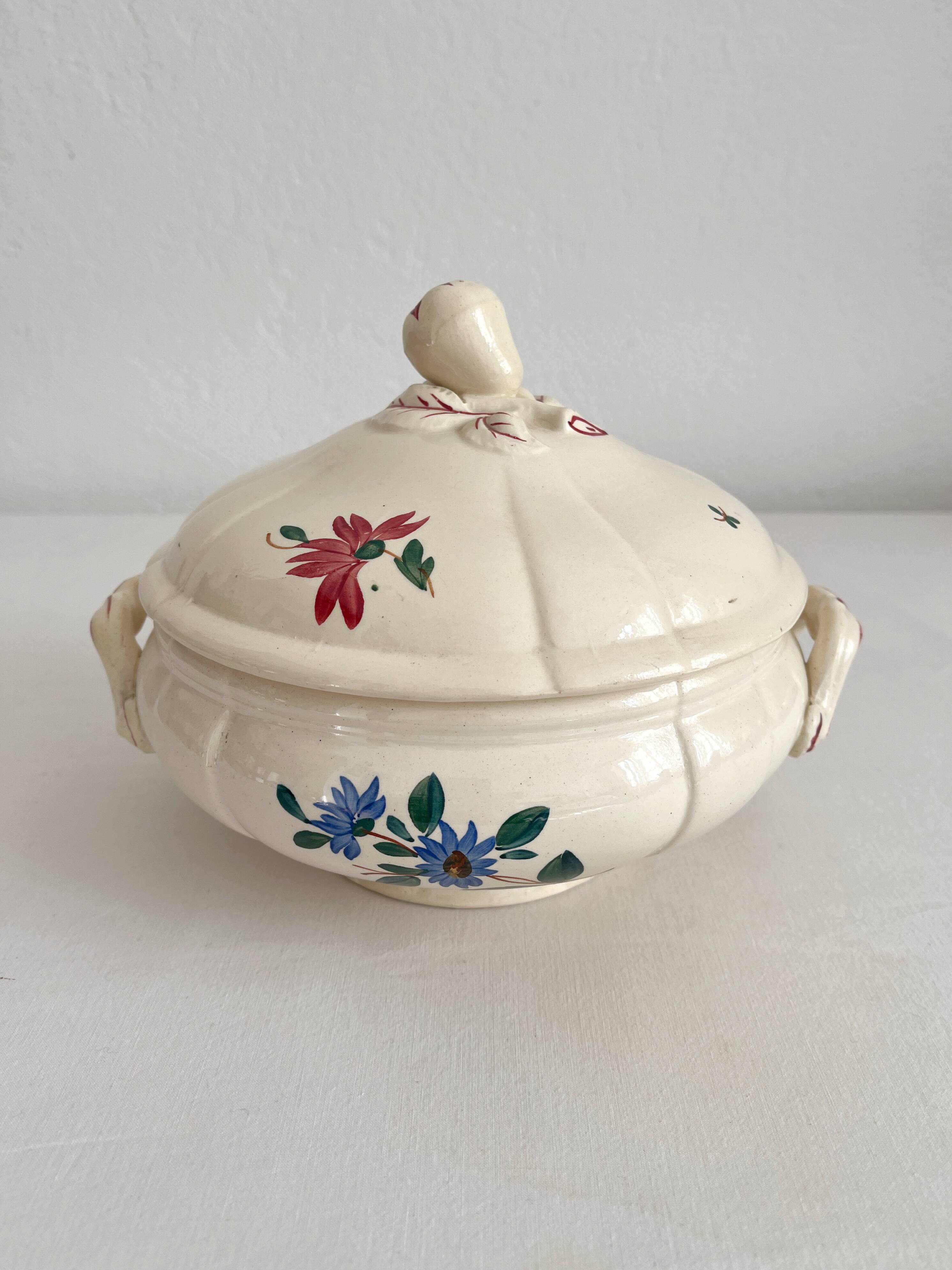 Small vintage ivory earthenware tureen with flowers, Digoin Sarreguemines