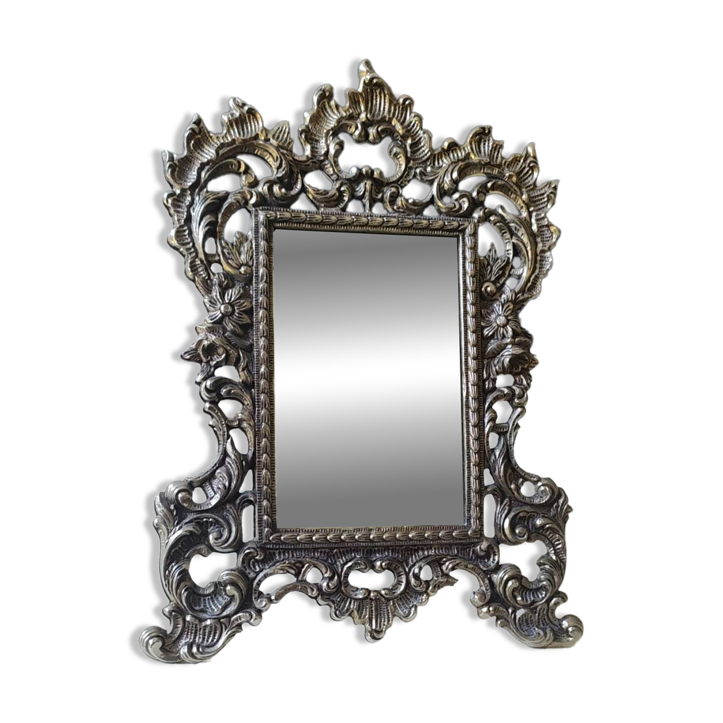 Antique/Rocaille/Louis XV Style Table Mirror. In silver-plated bronze