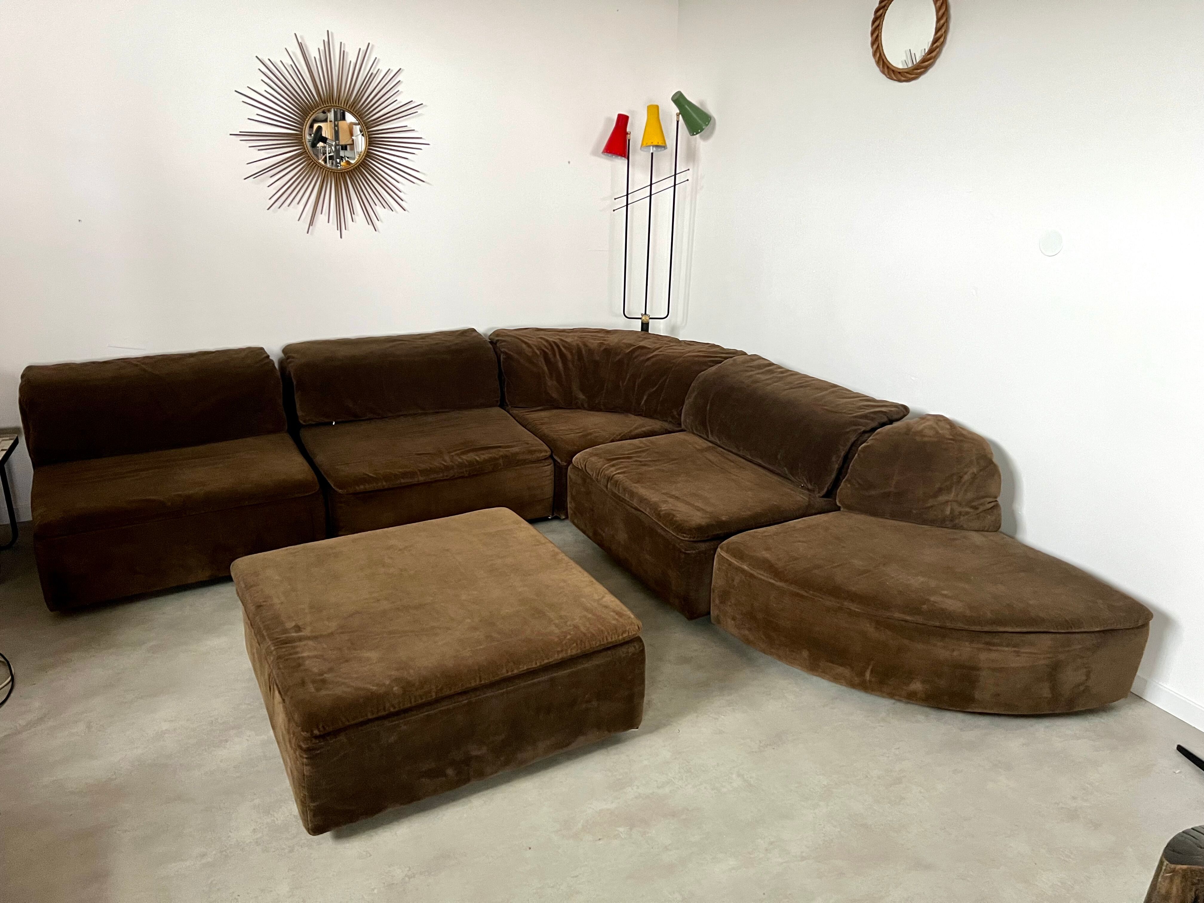 Old vintage modular sofa 6 elements of the 70s velvet / design