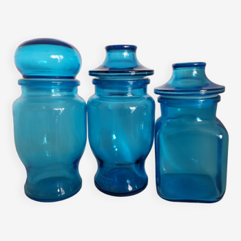 Set of blue glass jars