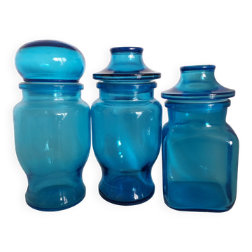 Set of blue glass jars