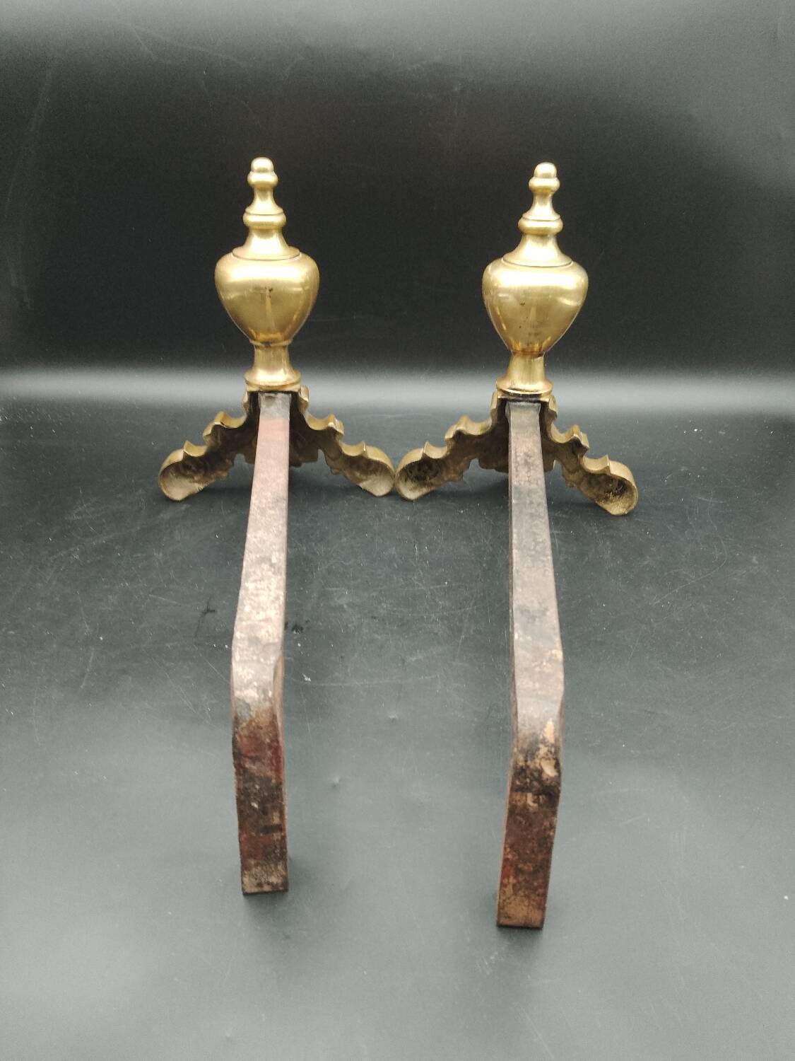 Pair of Fireplace Andirons in Brass Decor Cast Iron Marmousets Louis XIV Loft Style