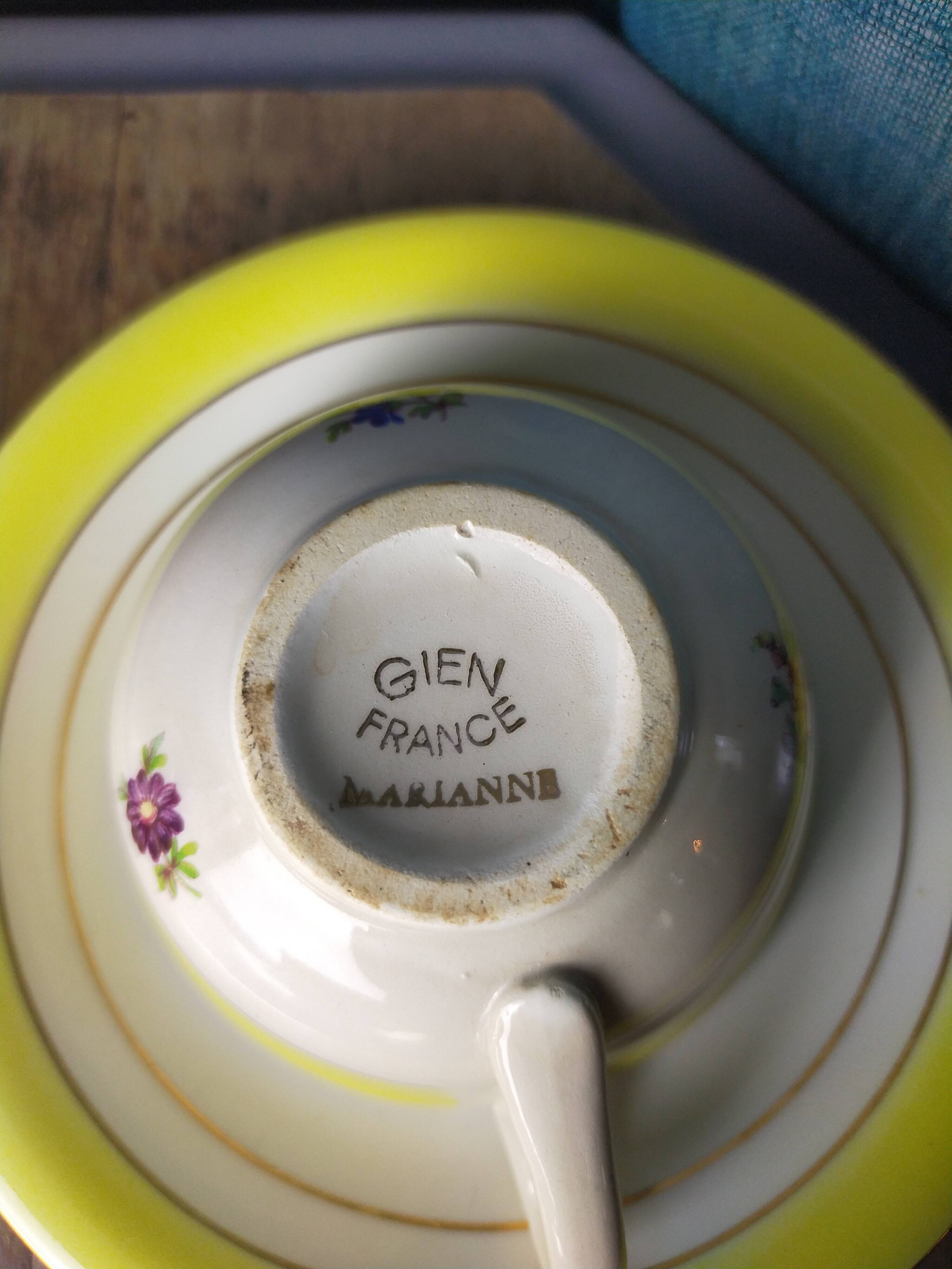 3 Gien earthenware cups and saucers decorated with flowers