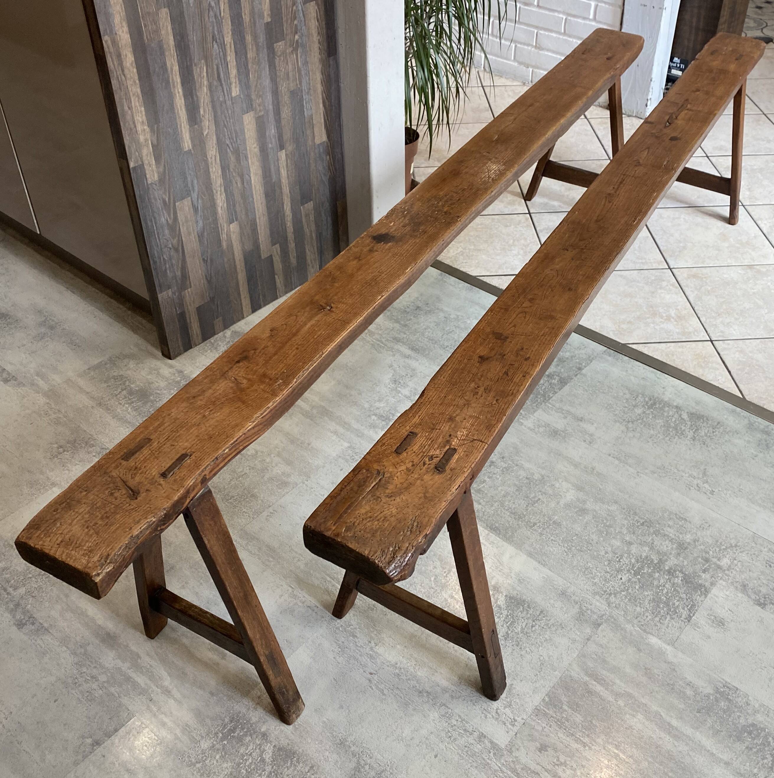 Pair of solid oak farmhouse benches 214cm for rustic table 1950