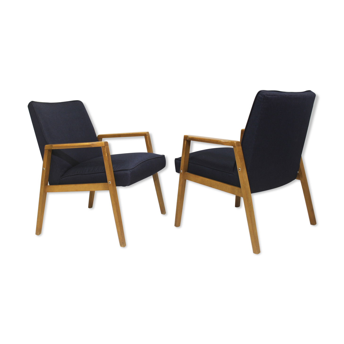 Pair of Scandinavian armchairs 60s restored deep blue gloved fabric.