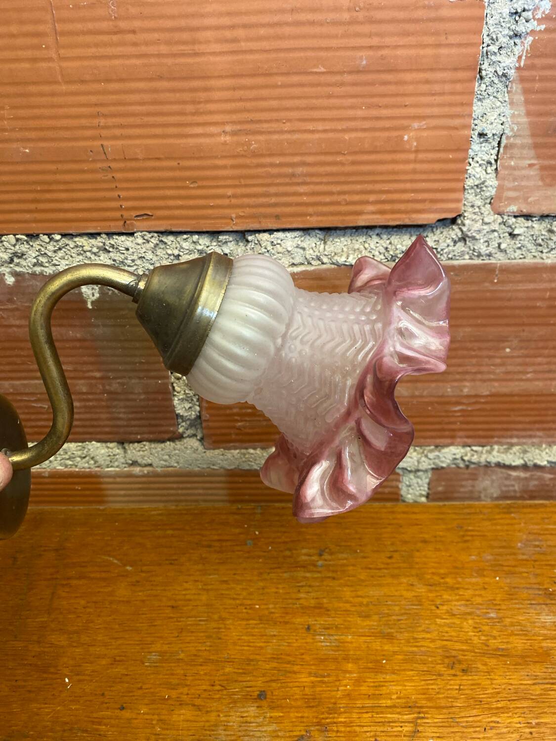 Antique Swan Neck Wall Lamp Gold Metal + Vintage Pink Glass Tulip