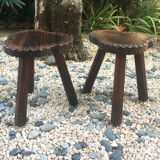 2 vintage tripod stools in solid wood
