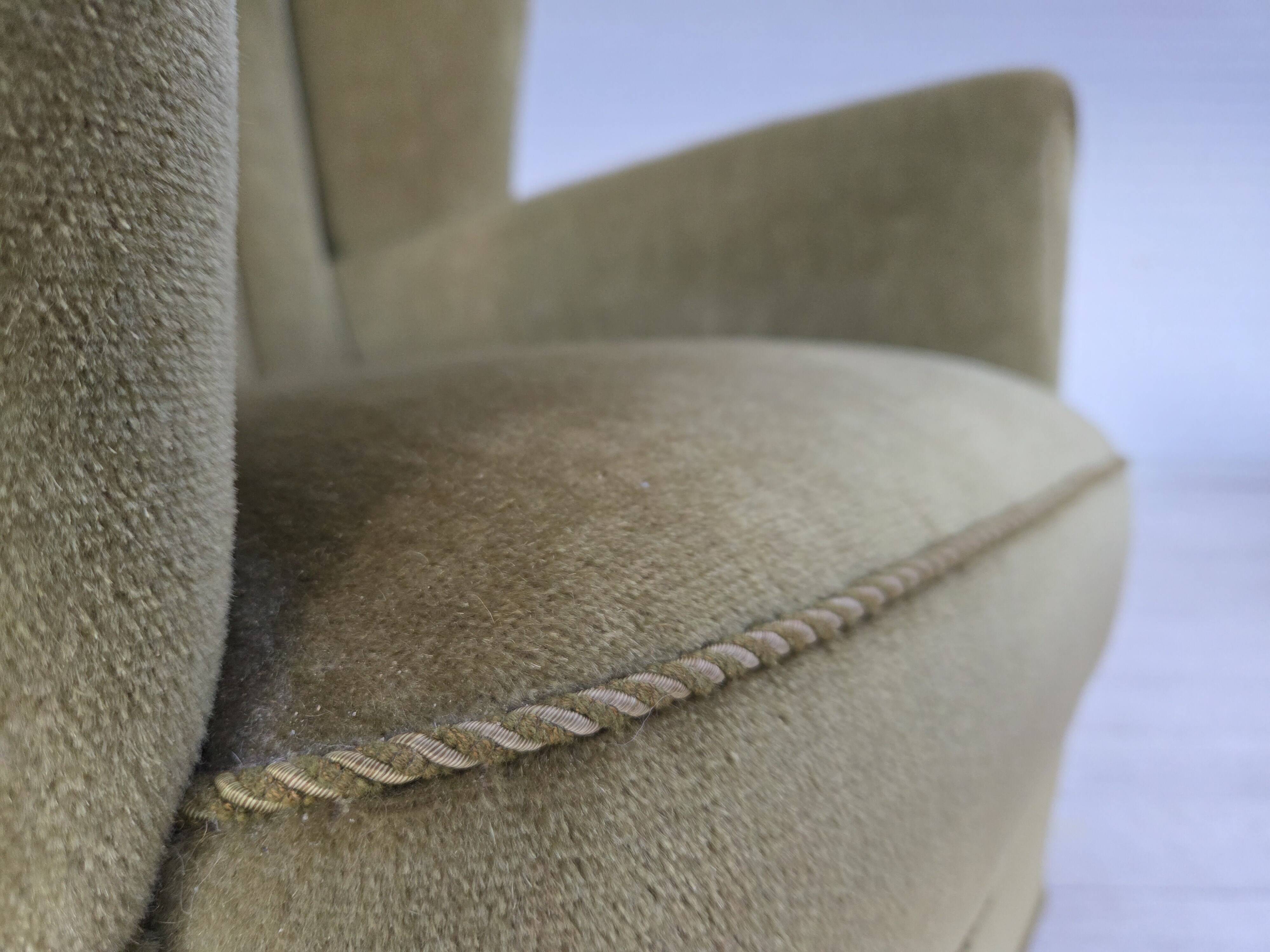 1960s, Danish relax armchair, original green furniture velour, beech wood.