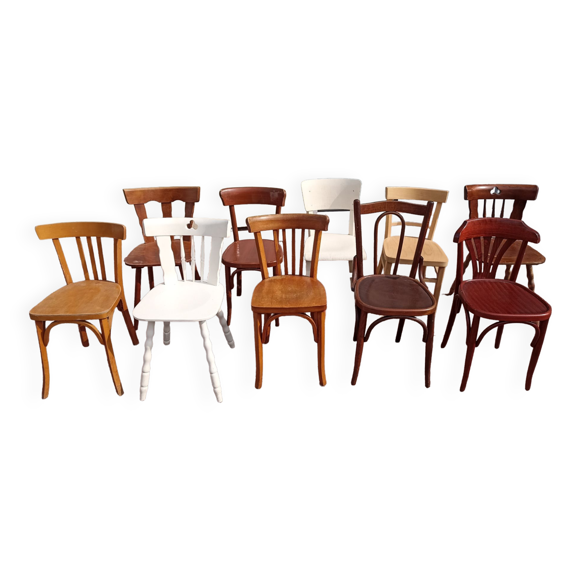Set of 10 mismatched wooden bistro chairs - vintage
