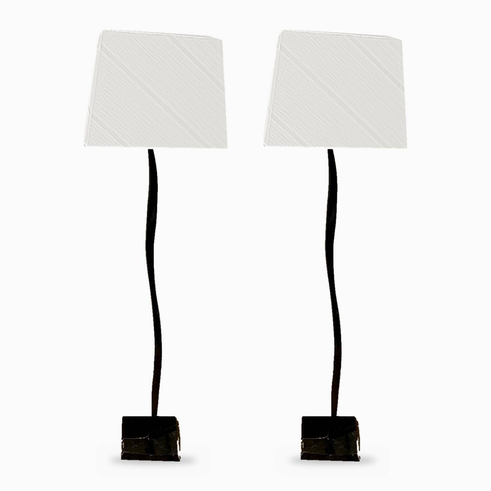 Pair of hammered black metal floor lamps with white shades.