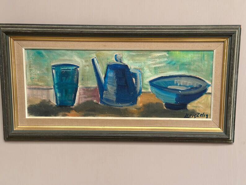 Large Original Swedish Oil on Panel – “Kettle Bowl and Glass” by Louis Zelig – Signed – Vintage & Framed – 40 × 80 cm (15.7" × 31.5")