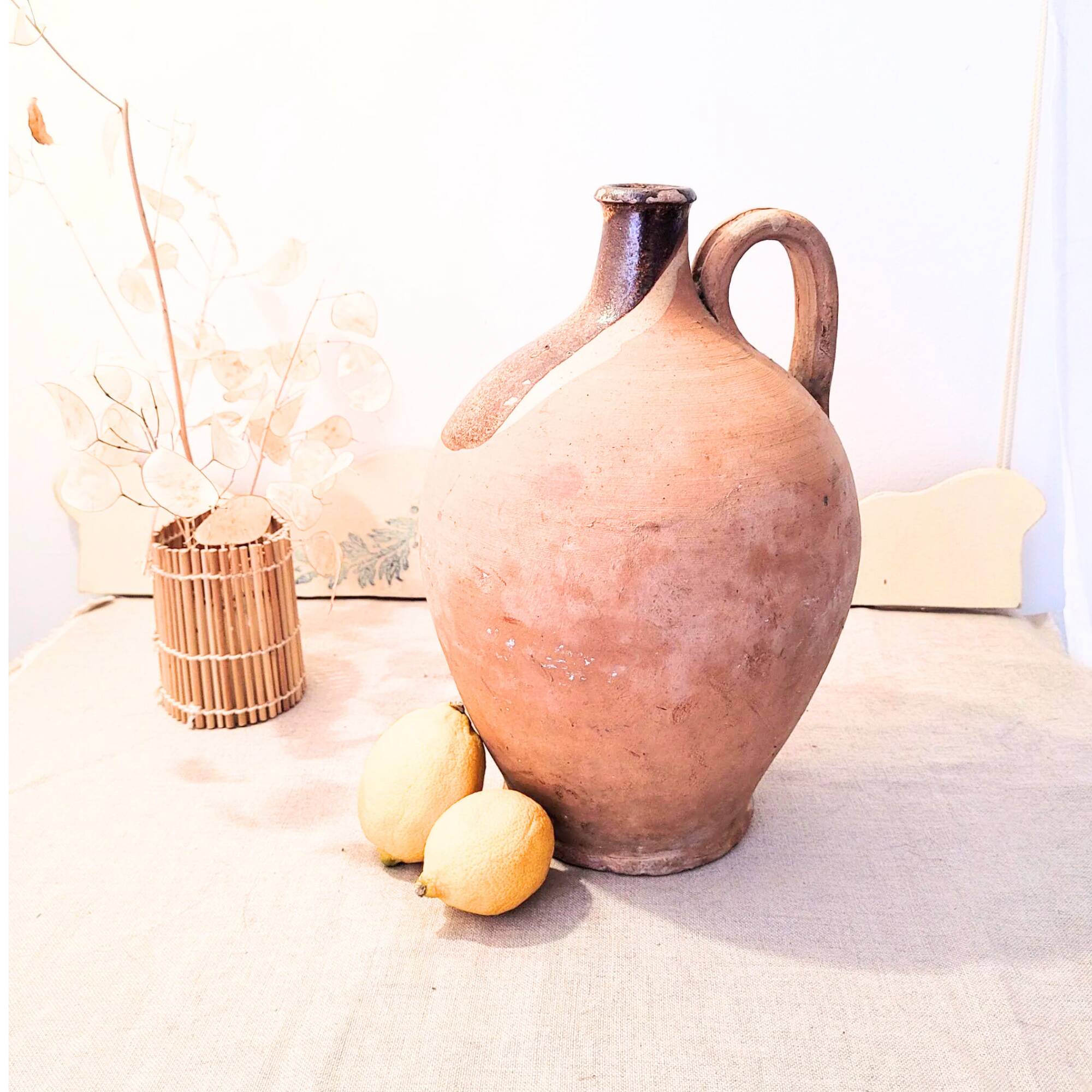 Antique partially glazed terracotta pitcher – 19th century rustic pottery