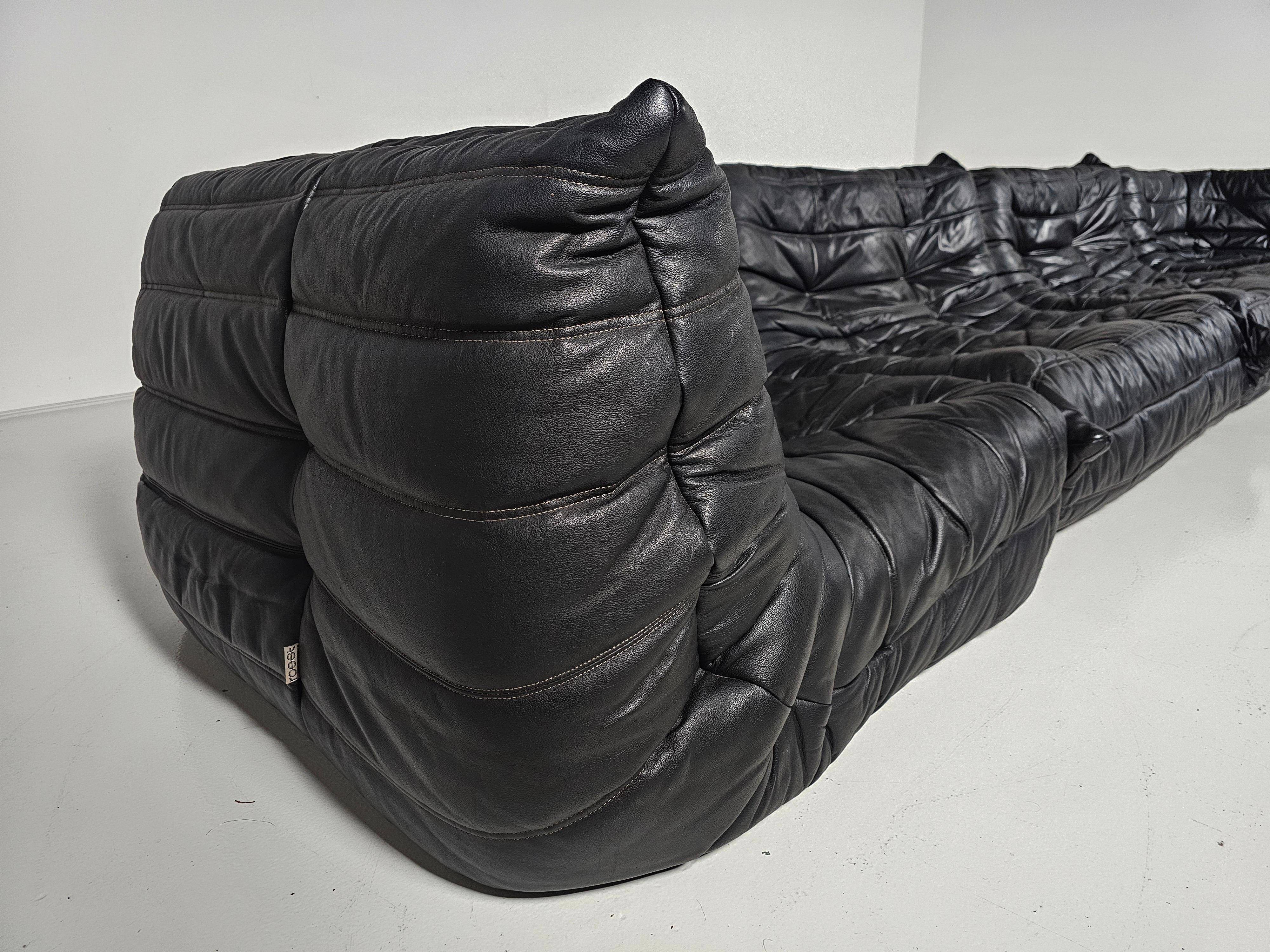 Togo black leather sofa, original, Michel Ducaroy, Ligne Roset, 1980