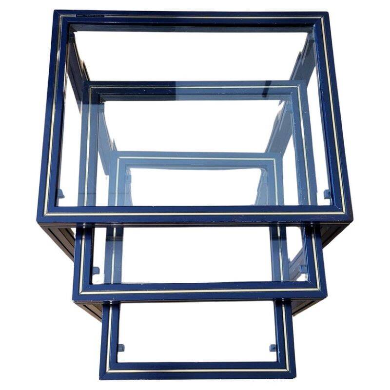 Set of 3 Pierre Vandel nesting tables in blue lacquered metal and glass top, French 1970 Vintage