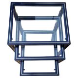 Set of 3 Pierre Vandel nesting tables in blue lacquered metal and glass top, French 1970 Vintage