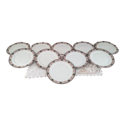 Set of 10 flat plates in Limoges porcelain stamp RN frieze blue old pinks