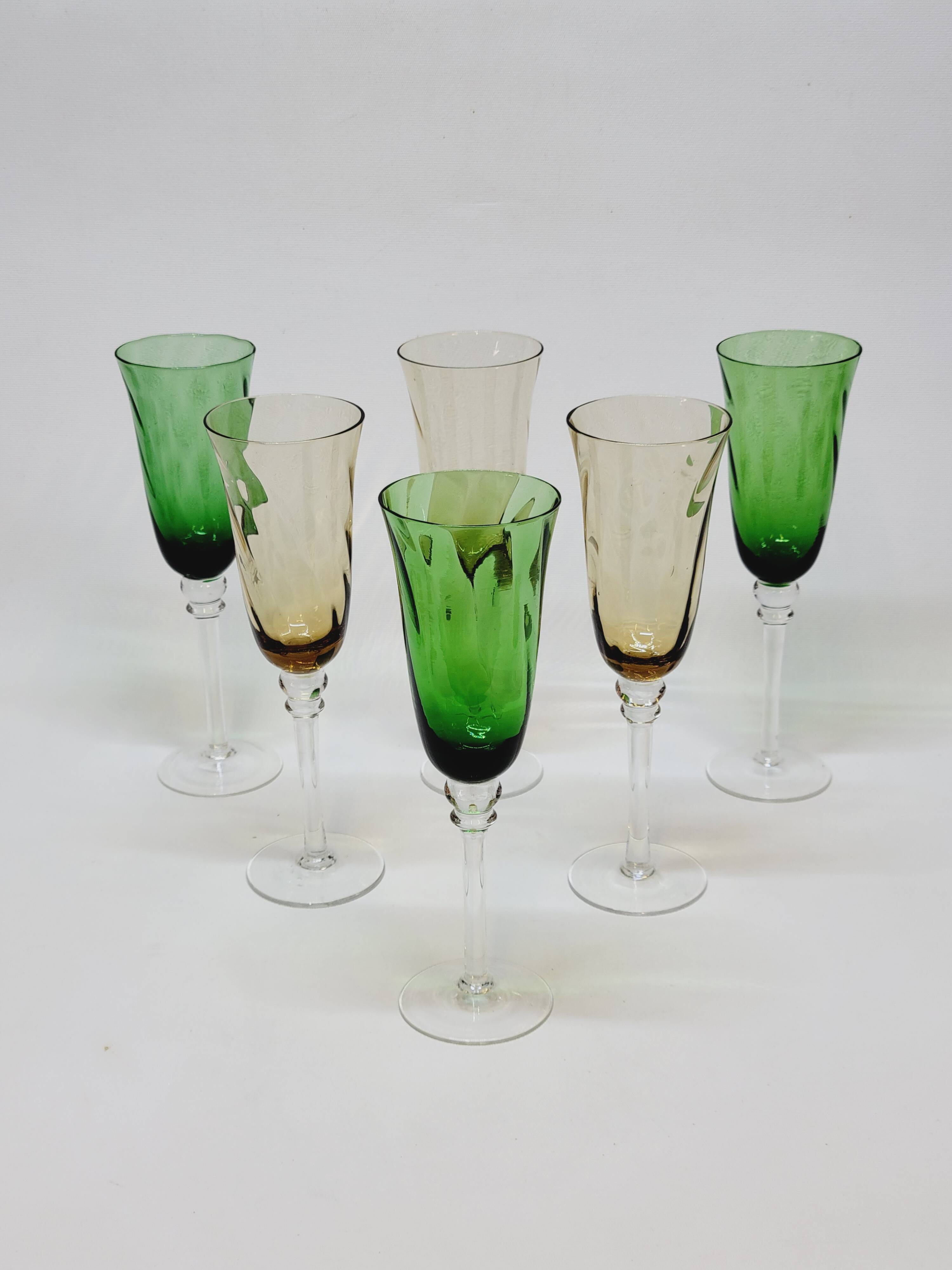 6 Champagne Flutes in Twisted Blown Glass 2 Colors Green and Amber