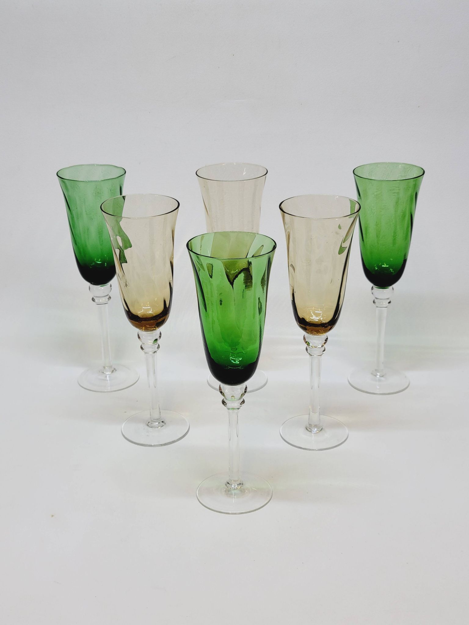 6 Champagne Flutes in Twisted Blown Glass 2 Colors Green and Amber