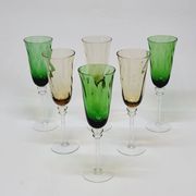 6 Champagne Flutes in Twisted Blown Glass 2 Colors Green and Amber