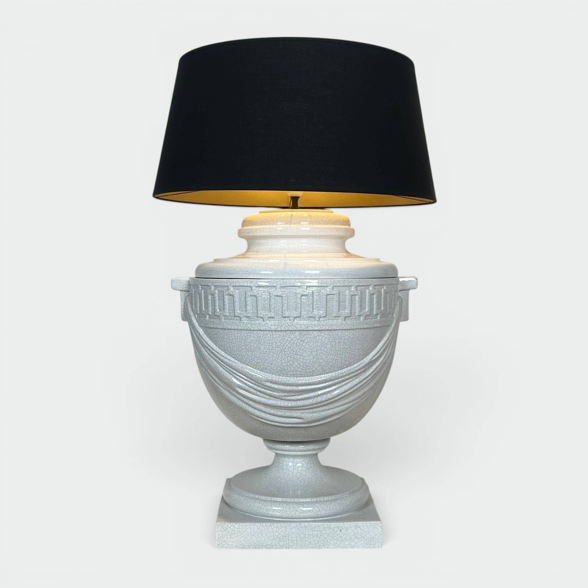 Large White Crackled Ceramic Urn Lamp with Drapery and Greek Frieze.