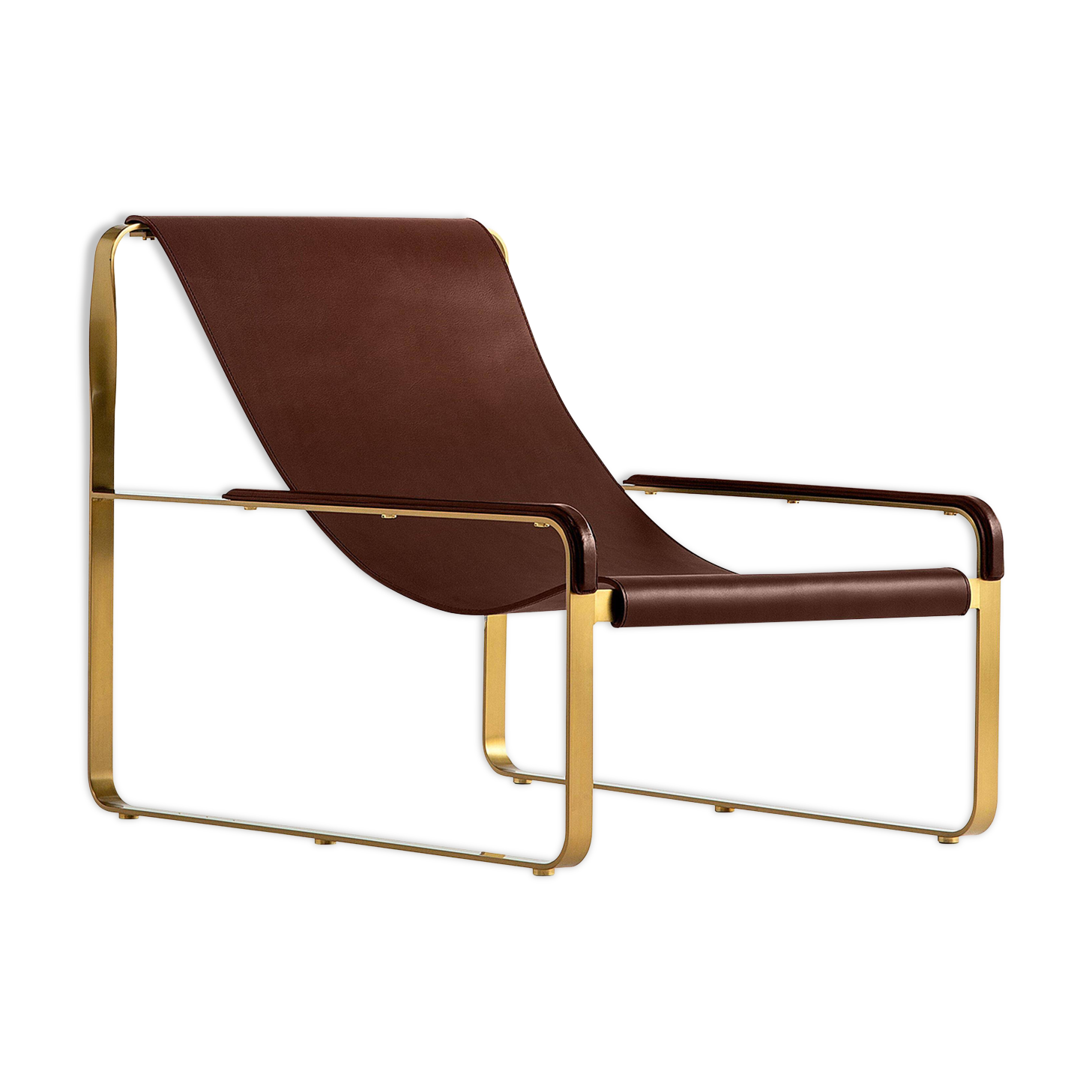 Fauteuil contemporain en acier doré vieilli et cuir marron