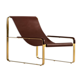 Contemporary classic chaise longue, aged brass steel, dark brown leather.